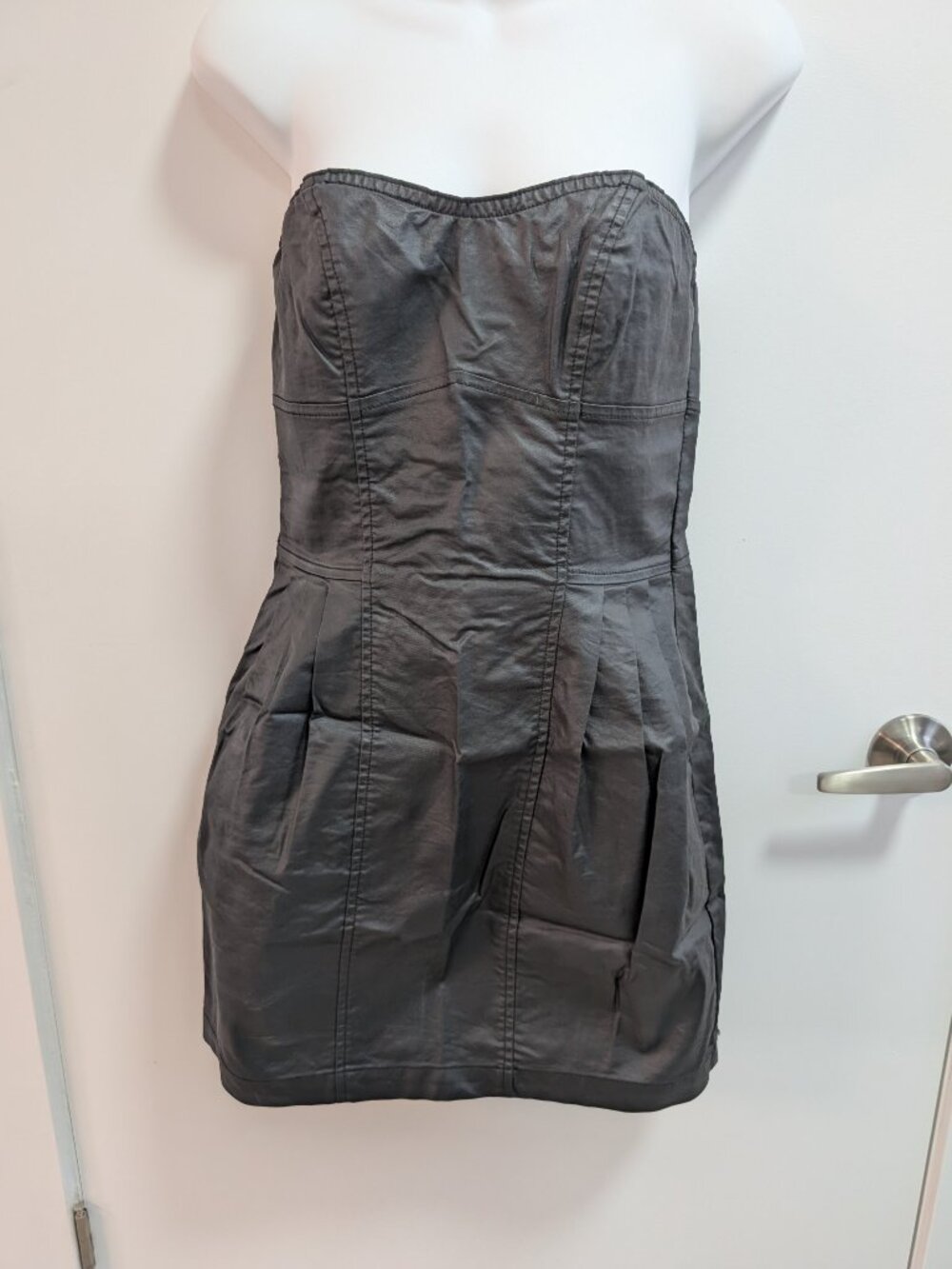 NEW Black Strapless Pleated Pleather Mini Dress